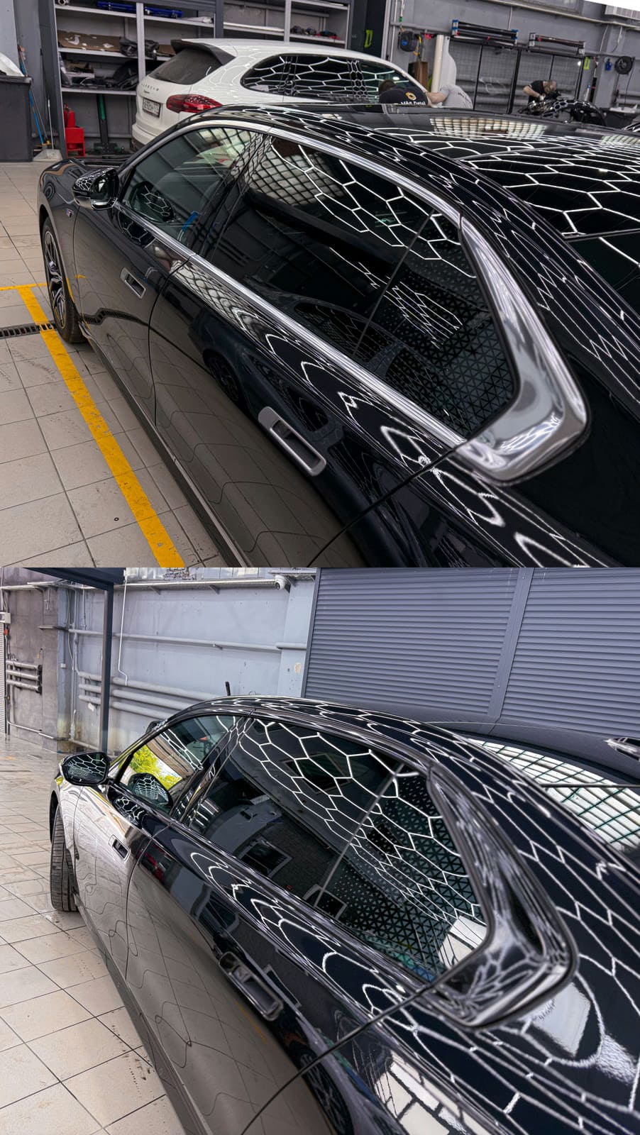 `Оконные молдинги BMW 7 до и после антихрома`